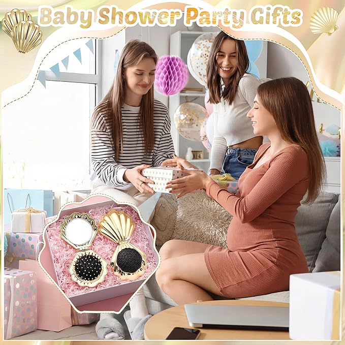 Meanplan 12 Pcs Mermaid Party Favors Shell Hair Brush with Mirror Foldable Mini Travel Pocket Hair Brush Compact Makeup Comb for Women Girls Valentines Day Birthday Gifts(Gold)