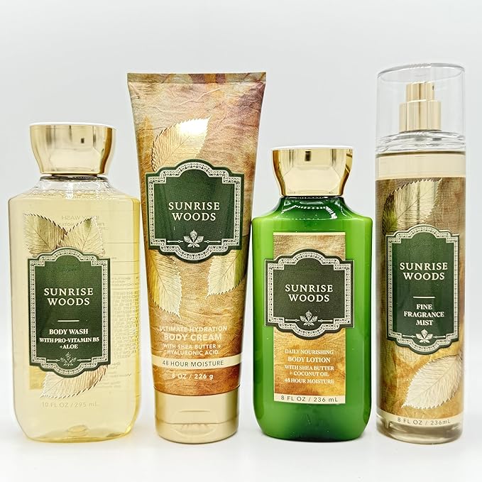 Sunrise Woods 4-Piece Bath & Body Bundle | Body Wash, Ultimate Hydration Body Cream, Daily Nourishing Body Lotion and Fine Fragrance Mist