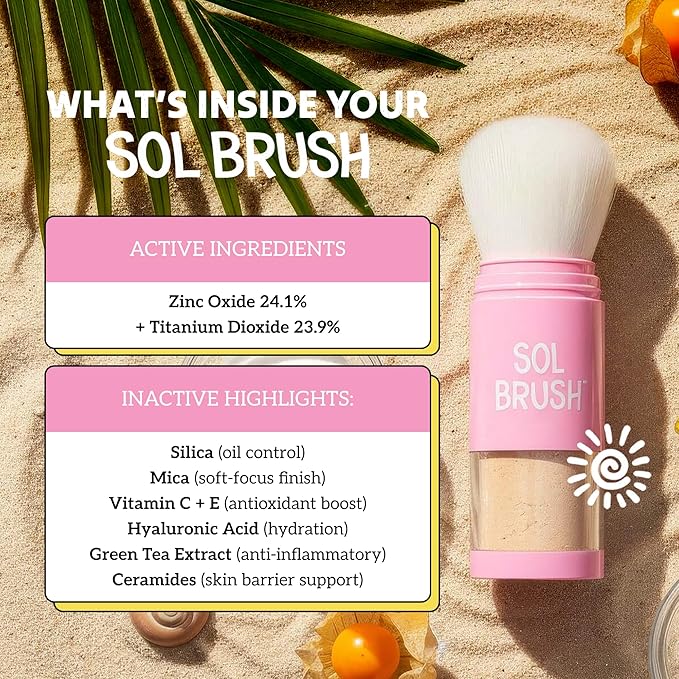 SPF 50 Mineral Sunscreen Powder, Broad Spectrum UVA/UVB Protection Sunscreen, Mess Free Brush On Applicator, Clean & Cruelty Free, Water Resistant (80 Minutes), Pink, Medium