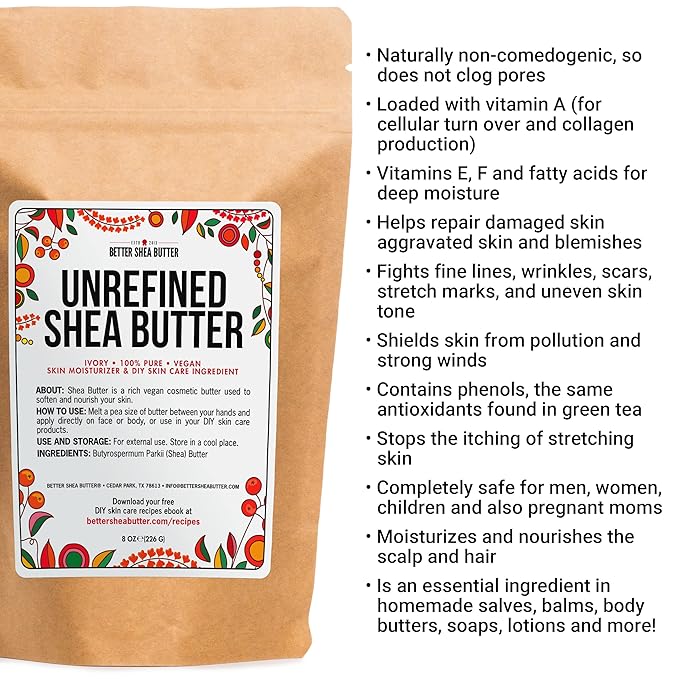 Raw Shea Butter – 100% Pure African Unrefined Shea Butter with Natural Smoky Scent | Moisturizer for Dry Skin & Hair, DIY Body Butter, Soap, Lip Balm – 8 oz Bar