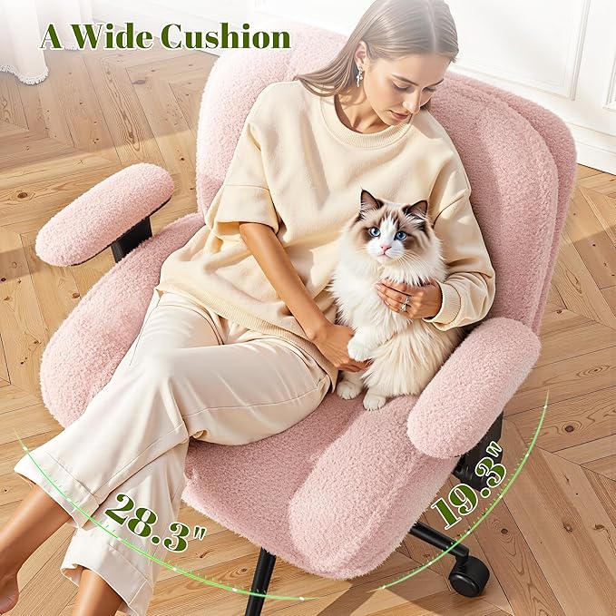 Cross Legged Office Chair with Flip-Up Arms,Oversized Criss Cross Chair with Wheels,Wide & Extra-Deep Seat Thickened for Home Office,Vanity, Bedroom,Apartment Dorms,Plush Cushion,Comfy,Pink