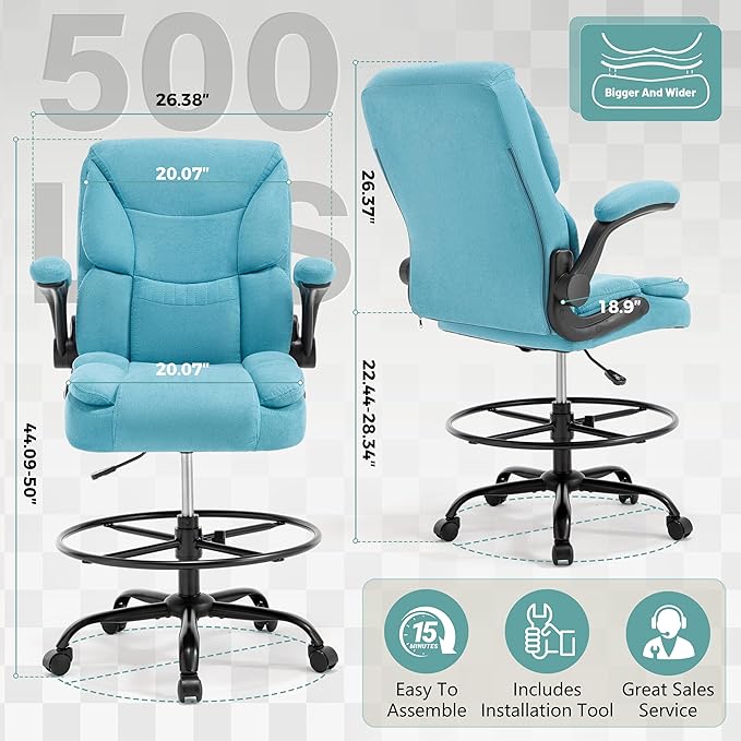 Ergonomic Drafting Chair, Tall Office Chair for Standing Desk, High Back Standing Desk Chair with Flip-Up Armrest, Adjustable Height & Foot Ring, Executive Fabric Extended Height Office Chairs, Blue