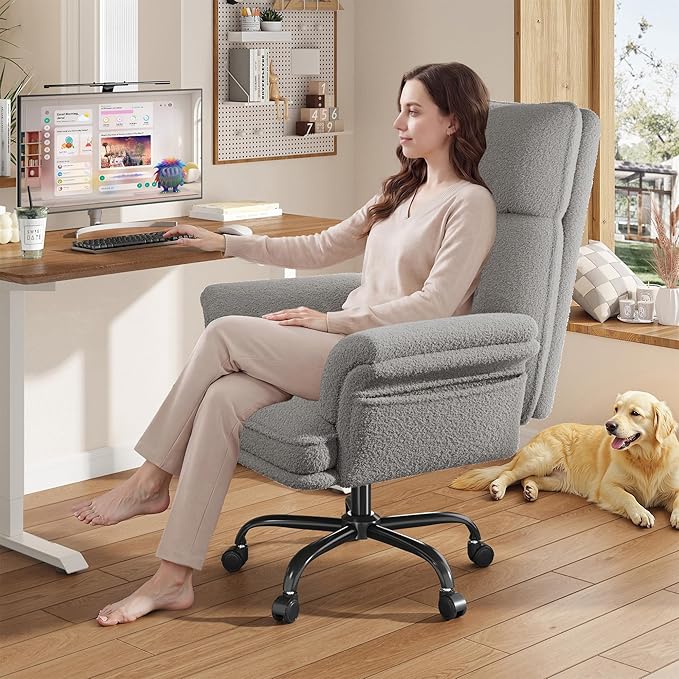 Office Chair with Wheels & Side Pockets,Flip Armrests for Pets & Cross Legged Sitting,Ergonomic Adjustable Vanity Chair –Teddy Plush Office Desk Chair for Home, Makeup and Bedroom,Grey