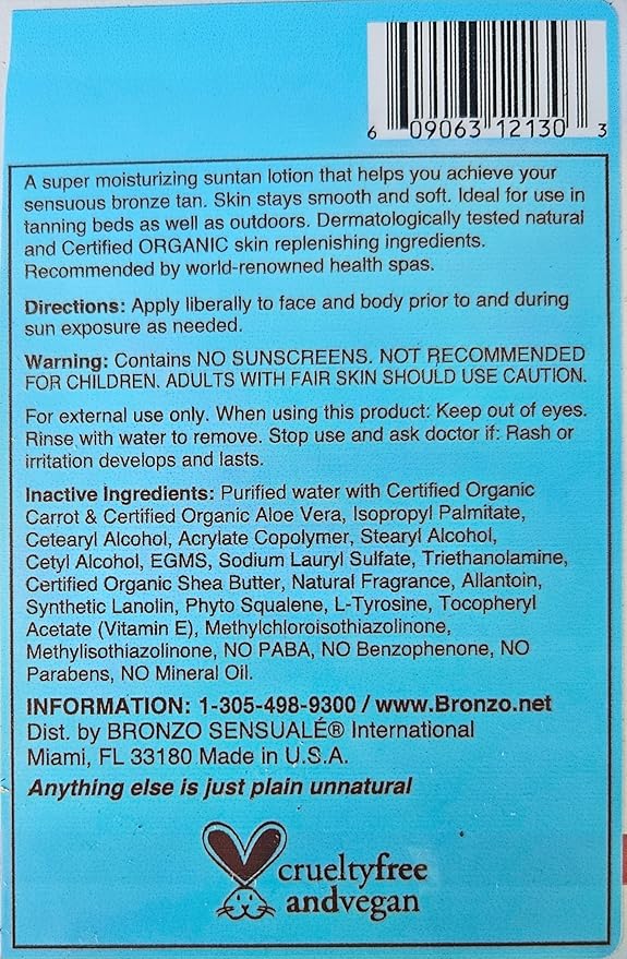 SPF 0 NO Sunscreen Organic Carrot Lotion for Deep Golden Sun Tanning and Tanning Bed 8.5 Ounces