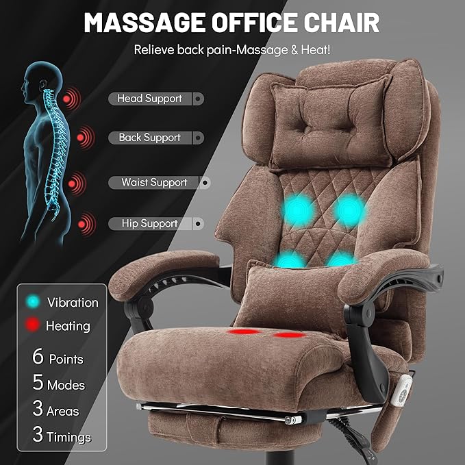 Massage Office Chair with Foot Rest,6 Points Vibration & Heat Executive Office Chairs for Heavy People,500LBS Big and Tall Office Chair,Ergonomic Reclining Desk Chair,Dual-Use Pillow,Home Office,Brown