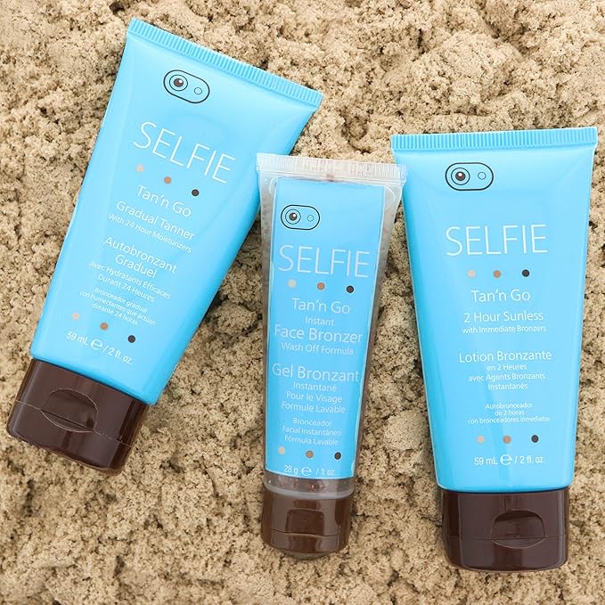 Selfie Tan'n Go Mini Travel Kit (Instant Face Bronzer 1 oz, Gradual Tanner 2 oz, 2 Hour Sunless Lotion 2 oz) Rich & Exotic Natural Looking Instant Tan For Body and Face & All Skin Types, 1 Kit Each