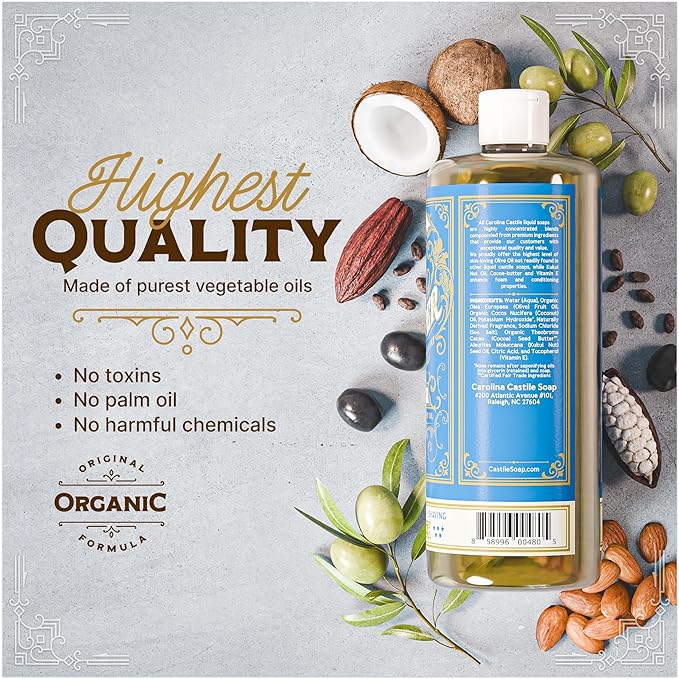Carolina Castile Soap Gin & Juniper Scented – Certified Organic Base, High Olive Oil Content, Non-Drying, Made with Organic Oils, Concentrated Body Wash for Men (Gin & Juniper, 1 Gallon)