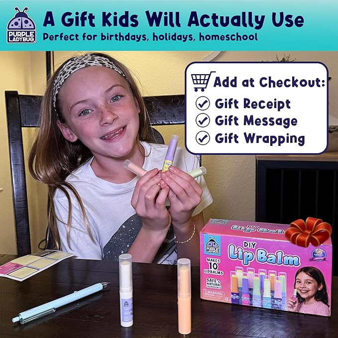 PURPLE LADYBUG DIY Lip Balm Making Kit - Easter Gifts for Kids Idea for 8-12 Tweens & Teens, Birthday Gifts for 9 10 Year Old Girls - Fun 10 Year Old Girl Gifts, Make Your Own Lip Balm with 3 Flavors