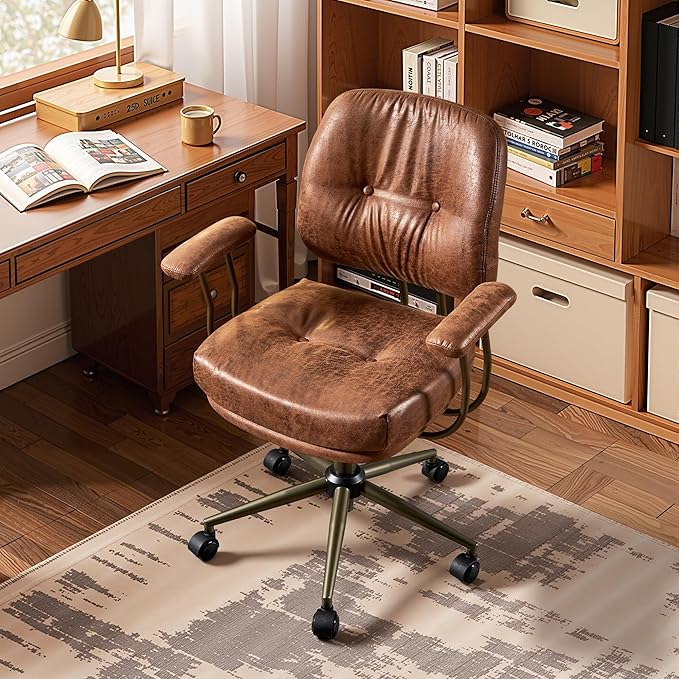 HOOOWOOO Ergonomic Office Chair,Mid Century Modern Computer Desk Chair,Comfy Executive Chair with Extra Wide Tufted Cloudy Seat Lumbar Support Rocking Back,Suede Leather Dark Brown
