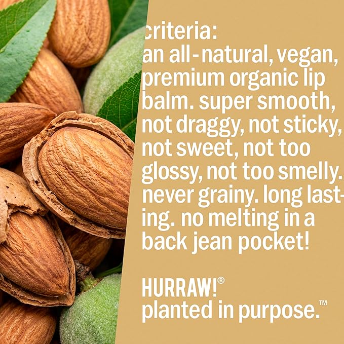 Hurraw! Almond Lip Balm: Organic, Certified Vegan, Cruelty and Gluten Free. Non-GMO, 100% Natural Ingredients. Bee, Shea, Soy and Palm Free. Made in USA