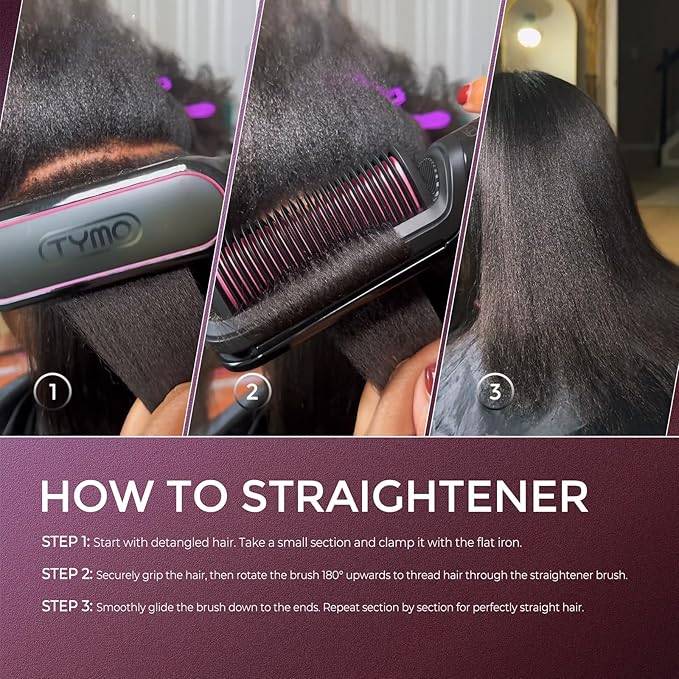 TYMO Flat Iron Hair Straightener Brush 2 in 1, 200M Ions Hair Straighteners for Women, Ceramic Dual Voltage Straightening Hot Comb for Anti-Frizz Straights, Waves, Curl, 3X Less Heat Damage, Black