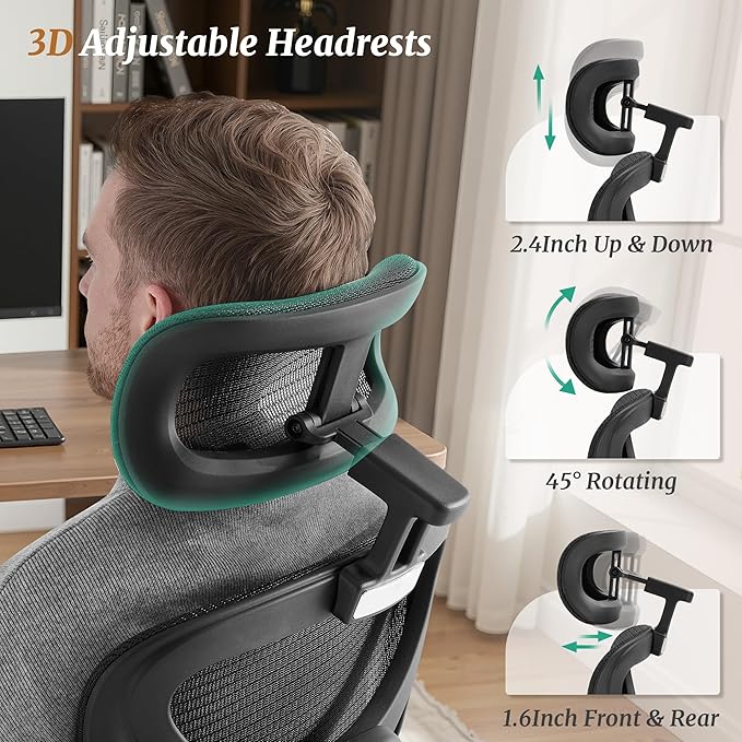 Ergonomic Office Chair with Footrest - 5-Level Adjustable Lumbar Support & 90-135°Recline, 3D Headrest & 4D Armrests, Breathable Mesh Seat Computer Chair for Home Office, Gaming, Black
