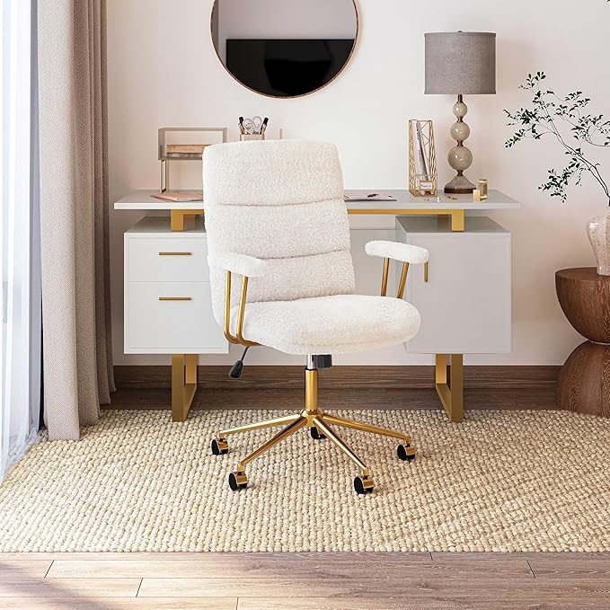 Elegant White and Gold Fuzzy Office Chair with Textured Boucle Fabric, Modern Desk Chair with Padded Seat, Height Adjustable with Durable Gold Base