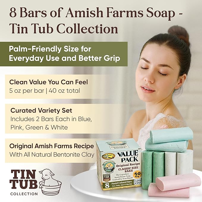 Amish Farms Soap Value Pack– 8 Easy-to-Grip Hydrating Bars (5 oz Each, 2.5 lb) | Cold-Process, USA Made for Sensitive Skin, Face, Hair & Body | Gentle Clean Scent Original Recipe – Tin Tub Collection