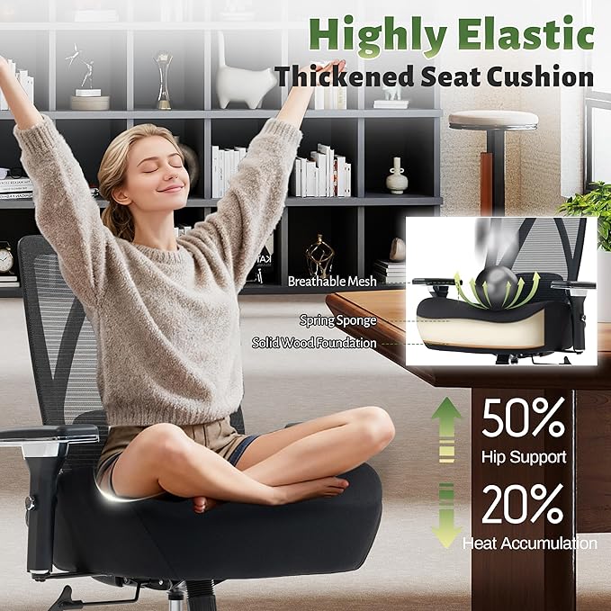 600LBS Big and Tall Office Chair,Ergonomic Mesh Office Chairs with Thicken Oversized Spring Cushion,Executive Computer Desk Chair Adjustable Upgraded 4D Armrests for Home Office,Black