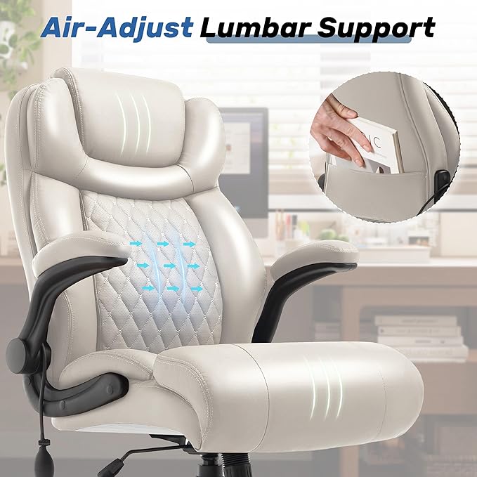 550LBS Big and Tall Office Chair, Comfy Heavy Duty Executive Chair with Adjustable Lumbar Support Double Spaces Casters, PU Extra Wide Seat Ergonomic Computer Desk Chair for Back Pain, BEIGEWHITE