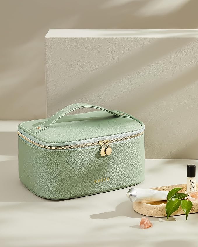 Prite Makeup Bag, Large Capacity Portable Travel Cosmetic Bag, Waterproof Makeup Organizer for Women with Handle and Divider (001 Green)