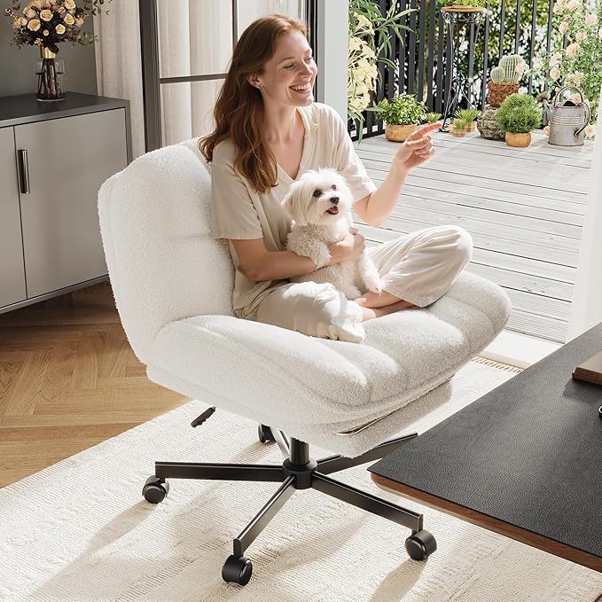 Cross Legged Office Chair with Foot Rest, 6.3" Thick Cushioned Criss Cross Chair with Wheels, Height Adjustable Swivel Vanity Chair for All-Day Comfort (White)