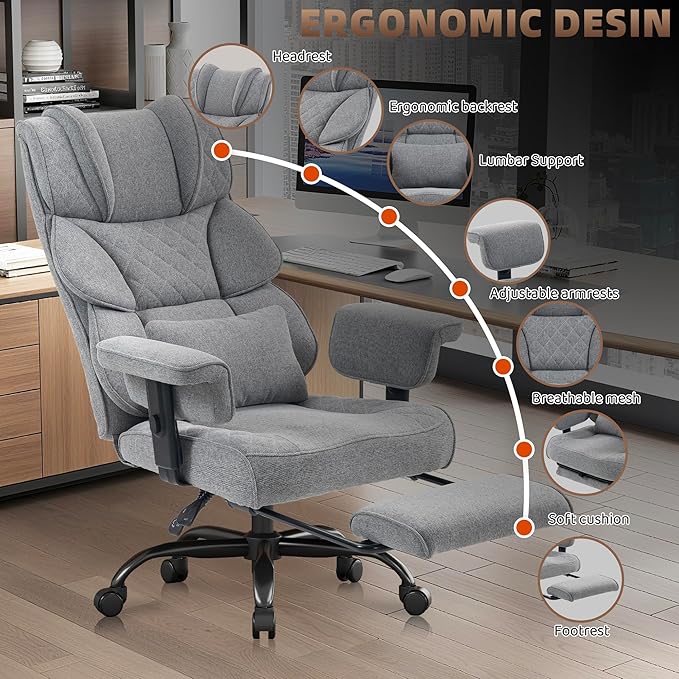 Vonesse Big and Tall Office Chair, Computer Chair with Soft Adjustable Armrests, Ergonomic Gaming Chair with Breathable Linen Design, Executive Chairs with Footrest (Linen Fabric, Gray)