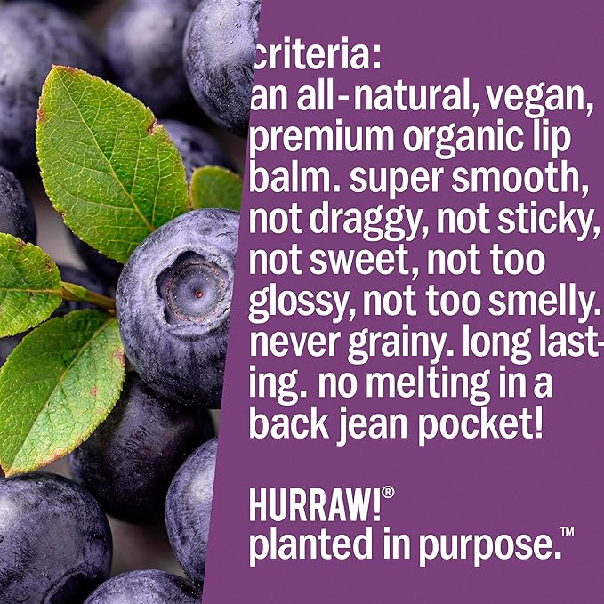 Hurraw! Huckleberry Lip Balm: Organic, Certified Vegan, Cruelty and Gluten Free. Non-GMO, 100% Natural Ingredients. Bee, Shea, Soy and Palm Free. Made in USA