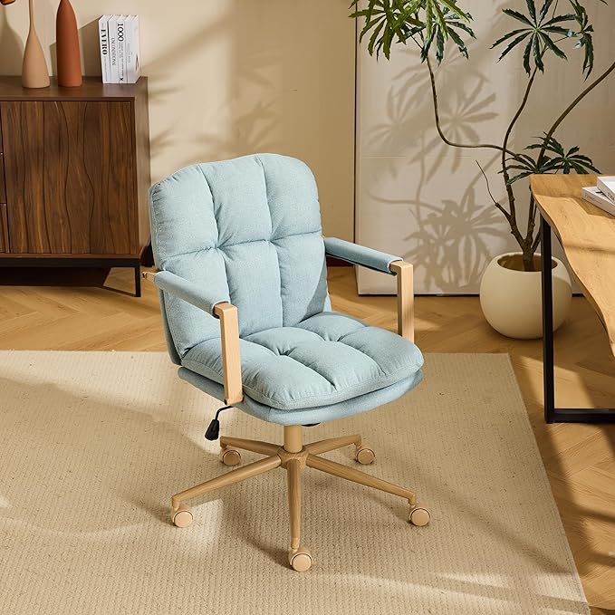 VINGLI Comfy Linen Office Desk Chair With Wheels &Detachable Cushions& Wood-like Armrests,Swivel Small Computer Task Chair,Adjustable for Girl Makeup Vanity,Teen/Kids Study,Nail Tech,Sewing,Teel Green