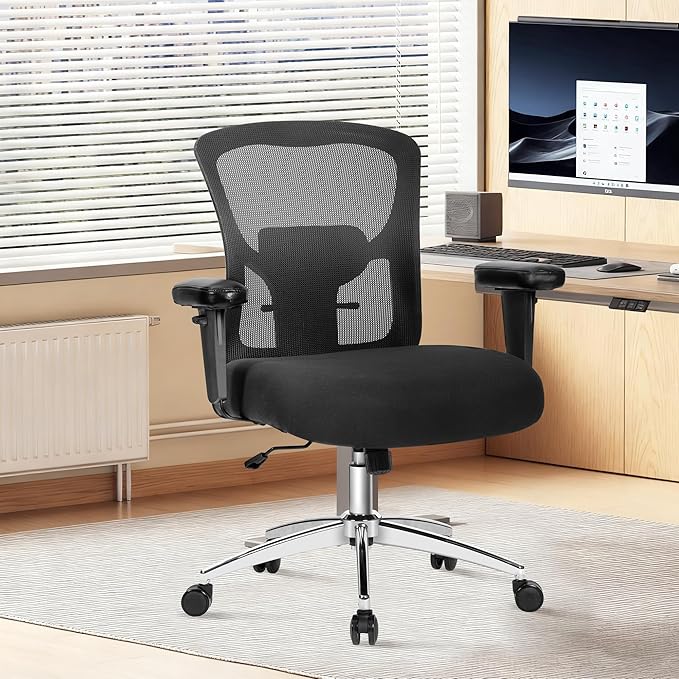 Bigroof Big and Tall Office Chair 600lbs, Heavy Duty Ergonomic Mesh Chair, Computer Executive Desk Chair with Wide Thick Seat, Adjustable Armrests, Lumbar Support (Black, 600LBS)