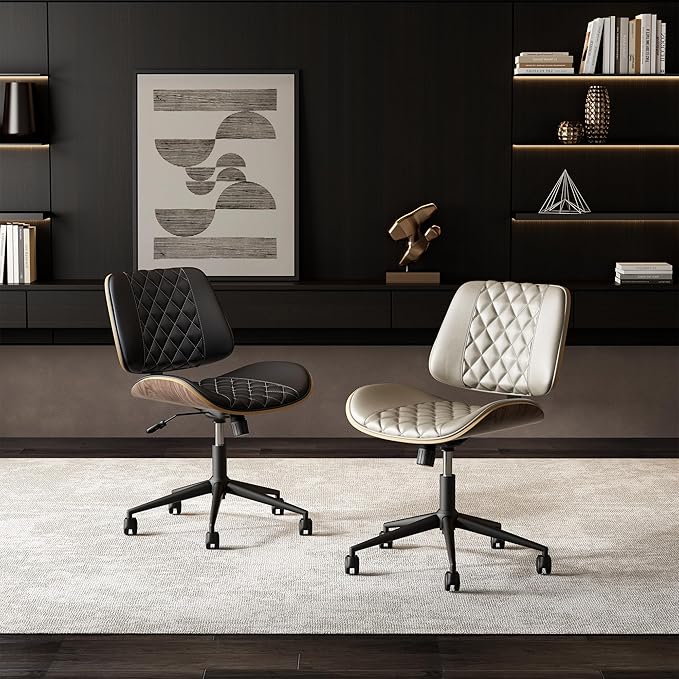 Home Office Chair No Arms with Wheels, Armless Adjustable Height Small Desk Chair, Armless PU Leather Computer Chair Mid Back 360 Swivel, Modern Walnut, Reading Meeting Room (Black)