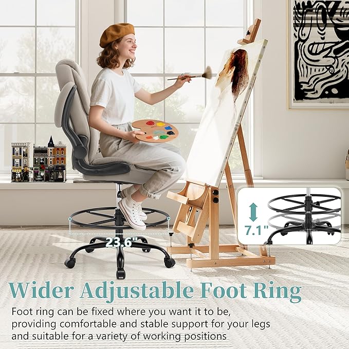 Ergonomic Drafting Chair, Tall Office Chair for Standing Desk, High Back Standing Desk Chair with Flip-Up Armrest, Adjustable Height&Foot Ring, Executive PU Leather Extended Height Office Chairs,Beige