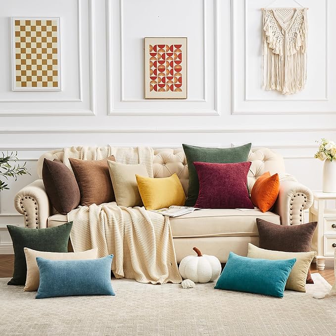 GAWAMAY Decorative Square 16"x16" Inch Throw Pillow Covers Set of 2, Super Soft Chenille Pillows Farmhouse Pillowcase for Living Room Bedroom Sofa Couch Cushion Cover Dark Green 40x40cm (No Insert)