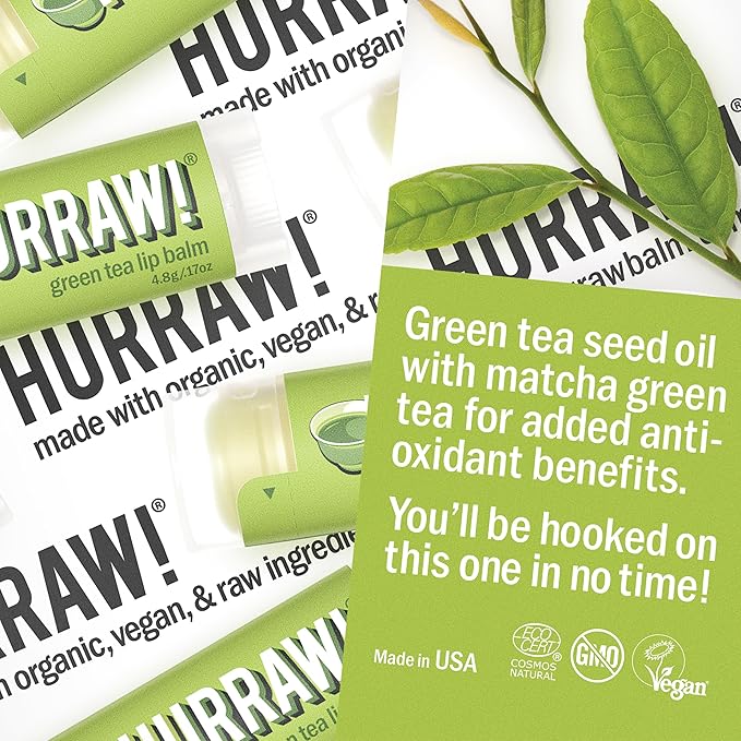 Hurraw! Green Tea Lip Balm: Organic, Certified Vegan, Cruelty and Gluten Free. Non-GMO, 100% Natural Ingredients. Bee, Shea, Soy and Palm Free. Made in USA