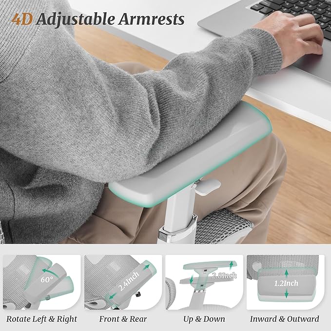 Ergonomic Office Chair with Footrest - 5-Level Adjustable Lumbar Support & 90-135°Recline, 3D Headrest & 4D Armrests, Breathable Mesh Seat Computer Chair for Home Office, Gaming, Light Grey