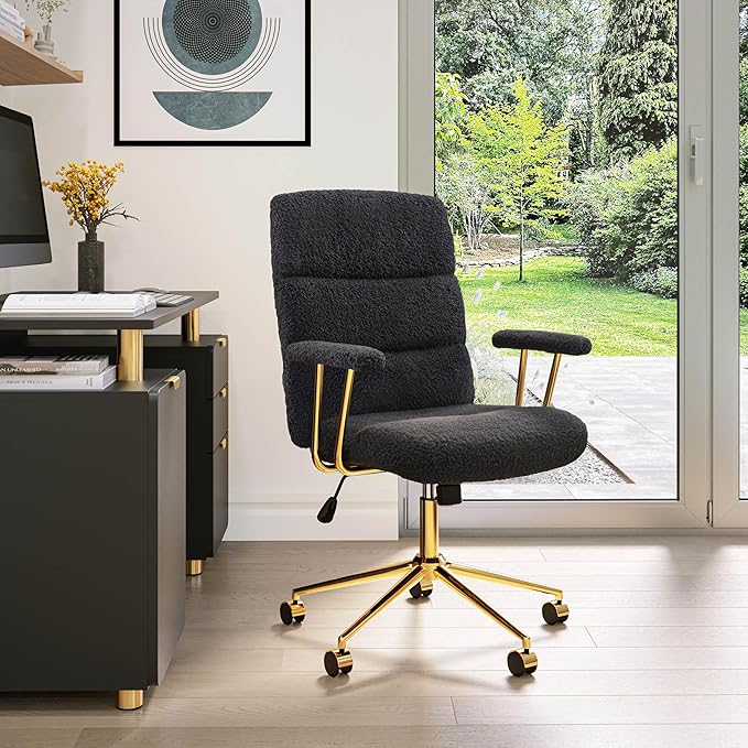 Elegant Black and Gold Office Chair with Textured Boucle Fabric, Modern Desk Chair with Padded Seat, Height Adjustable with Durable Gold Base