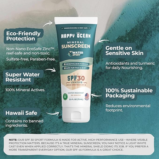 SPF 30 Reef Friendly Sport Mineral Sunscreen for Face & Body, Non-Nano Zinc Oxide, Natural Organic Non Toxic Mineral Based Coral Reef Safe Sunscreen, Travel Size, Biodegradable 2.5 Fl Oz