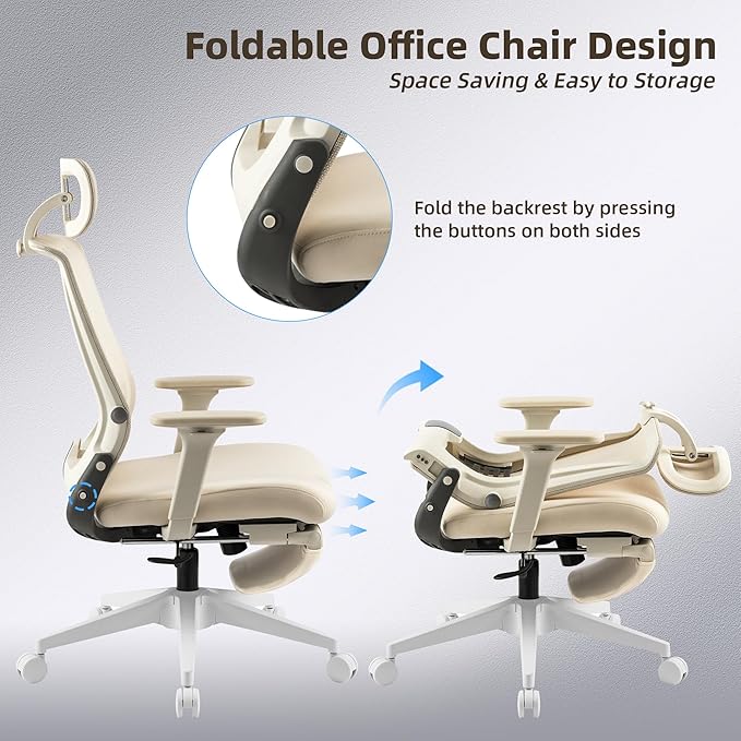 Foldable Office Chair with Foot Rest, Ergonomic Office Chair with Adjustable Lumbar Support, Headrest, Armrest, Home Office Desk Chair for Space Saving, Work from Home, Cream