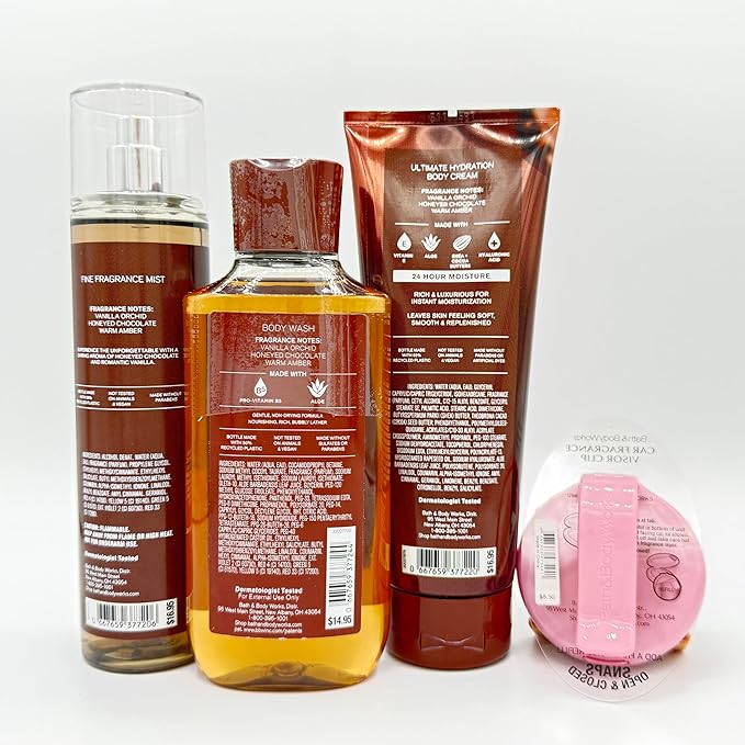 Bath & Body Works Chocolate Amber 4-Piece Gift Set | Includes: Fine Fragrance Mist, Body Wash, Ultimate Hydration Body Cream and S'mores Scentportable Car Visor Clip