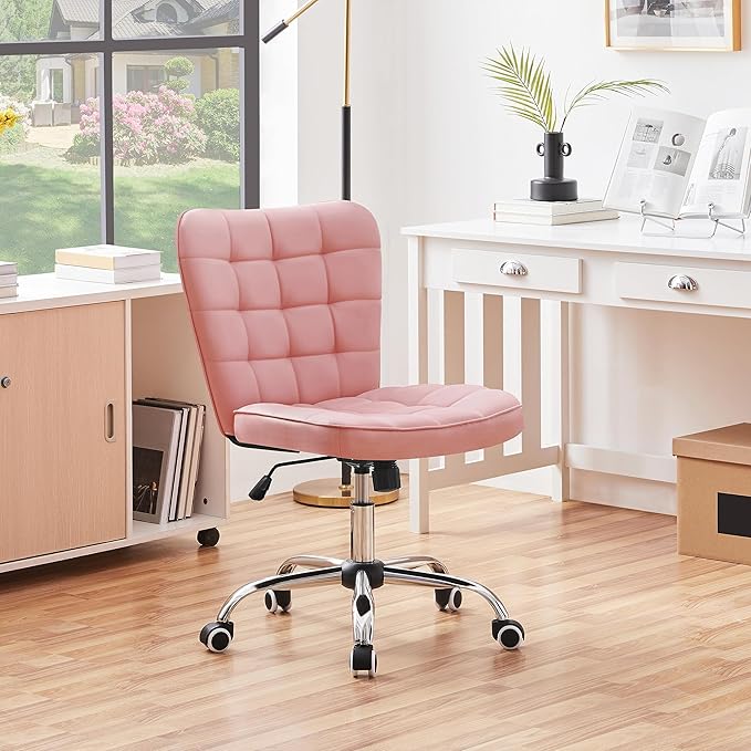 Yaheetech ModernTufted Armless Desk Office Chair Faux Leather Upholstered Computer Chair with Adjustable Seat Height and Rolling Wheels for Home/Office, Pink