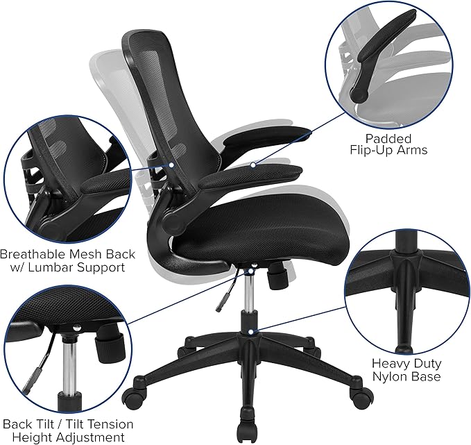 Flash Furniture Set of 4 Mid-Back Swivel Ergonomic Task Office Chairs with Flip-Up Arms, Black Mesh