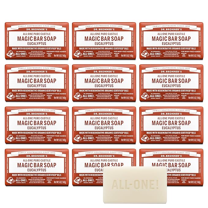 Dr. Bronner's Pure-Castile Magic Bar Soaps (Eucalyptus, 5oz, 12-Pack) – Made with RegeOrganic Oils, Soap Bars for Men & Women, Gentle for Face & Sensitive Skin, Vegan, Cruelty-Free, Non-GMO