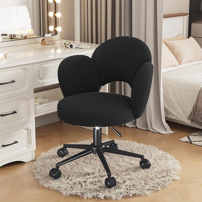 Petal Vanity Chair, Black Vanity Chair with Wheels & Lumbar Support, Height Adjustable, Velvet Cute Desk Chair for Study, Makeup & Relaxation