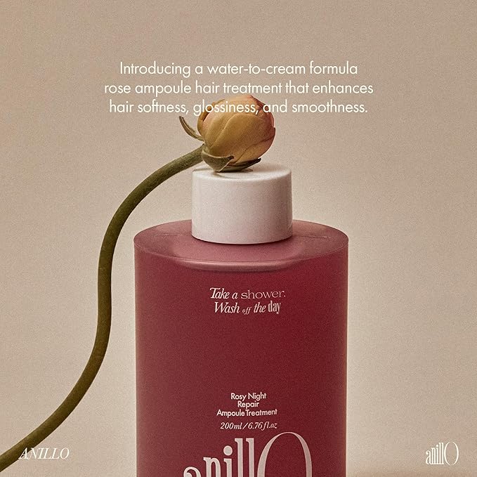 ANILLO Rosy Night Hair Ampoule Treatment for Damaged Hair – Water-to-Cream Repair Formula with Peptides & Amino Acids – Frizz Control, Color Safe, Silicone-Free, Floral Musk Scent – 6.76 fl oz