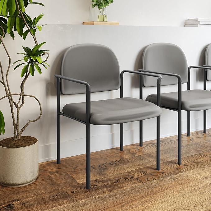 Flash Furniture Tiffany Side Reception Chair with Armrests, Stackable Vinyl Waiting Room Chair for Commercial or Residential Use, Gray
