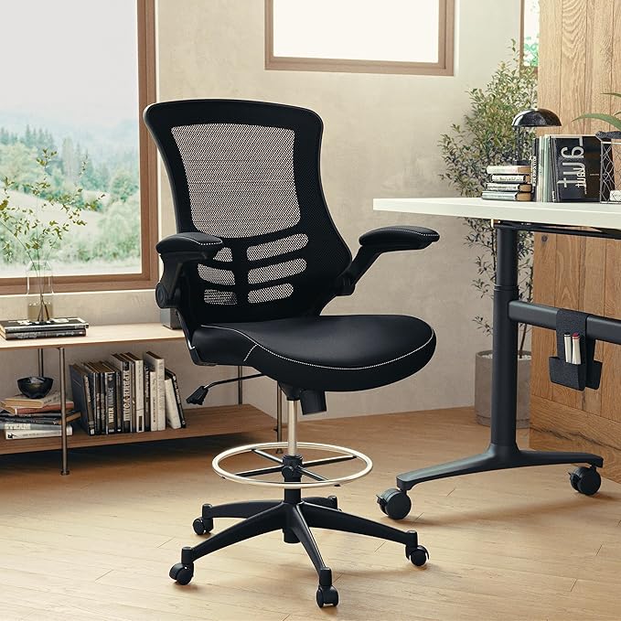 Flash Furniture Kelista Mid-Back Swivel Office Chair with Adjustable LeatherSoft Seat Height, Ergonomic Mesh Chair with Flip-Up Arms, Black
