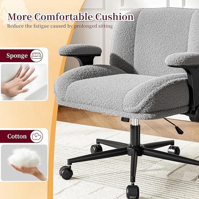 Cross Legged Office Chair with Flip-Up Arms, Wide Criss Cross Chair with Wheels & Extra-Deep Seat Thickened for Home Office, Vanity, Apartment Dorms,Plush Cushion,Comfy,Grey