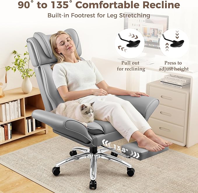 Big and Tall Office Chair, Flip Armrests for Pets & Cross Legged Sitting, Ergonomic Leather Executive Desk Chair with Foot Rest, High-Back Reclining Computer Chairs for Office Home Game - Grey
