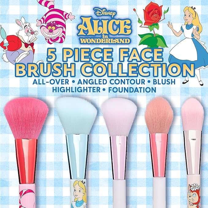 Disney Alice 5PC Premium Makeup Brush, All-over, Highlighter, Concealer, and Eyeshadow Brush for women and girls by Belle Maison