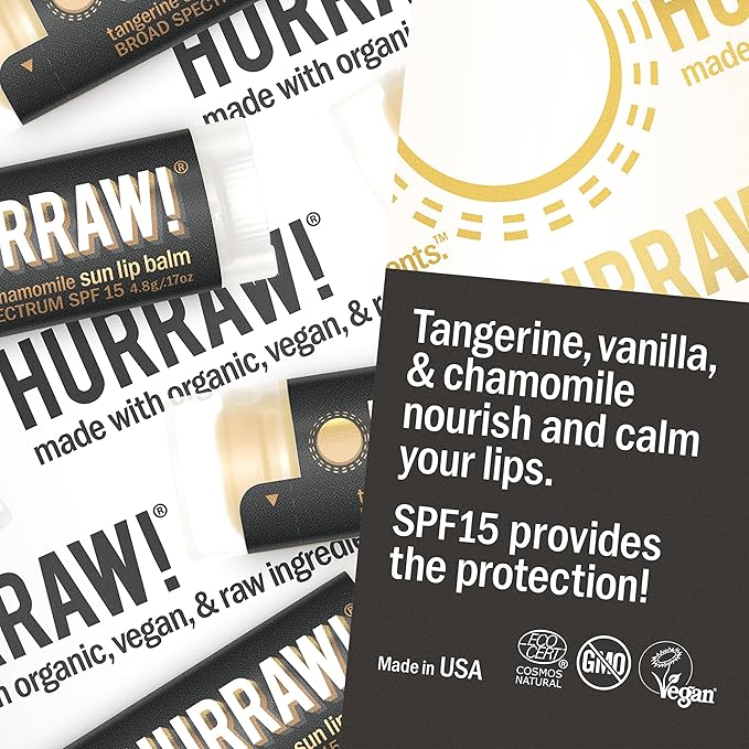 Hurraw! Sun Lip Balm (Zinc Oxide Protection, Broad Spectrum SPF 15, Tangerine, Chamomile): Organic, Certified Vegan, Gluten Free. Non-GMO, 100% Natural. Bee, Shea, Soy and Palm Free. Made in USA