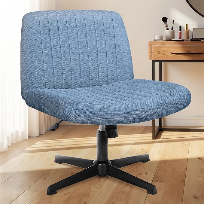 NEO Chair Criss Cross Chair No Wheels Armless Cross Legged Office Desk Wide Comfy Vanity Makeup Chair Adjustable Computer Task for Home Office Fabric (Blue)