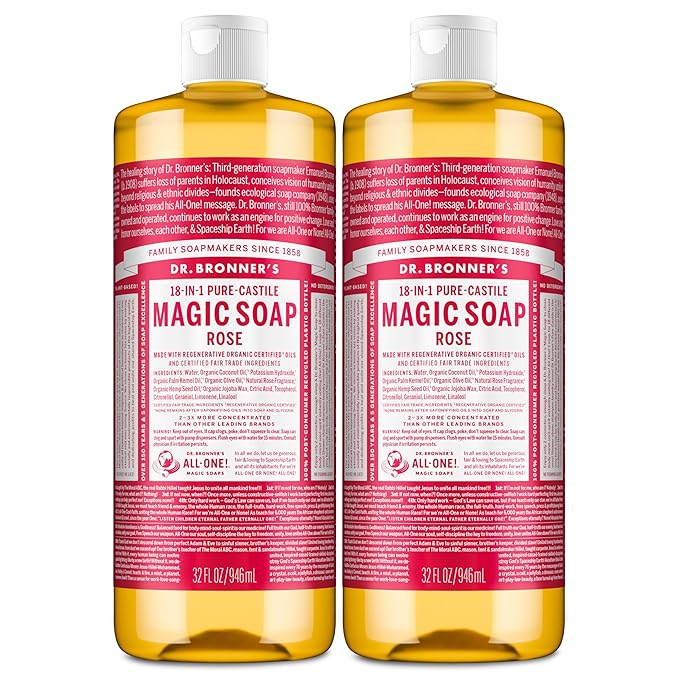 Dr. Bronner's Pure-Castile Magic Liquid Soap (Rose, 32 Ounce, 2-Pack)- Made with Regenerative Organic Certified Oils, 18-in1 Uses: Face, Hair, Hand & Body Soap, Laundry, Pets- Concentrated, Vegan