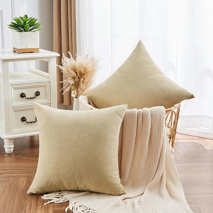 GAWAMAY Decorative Chenille Throw Pillow Covers 24x24 Inch Pack of 2, Soft Square Couch Pillow Cover for Sofa Cushion Living Room Bedroom Solid Dyed Pillowcases Khaki 60x60cm (ONLY Covers)