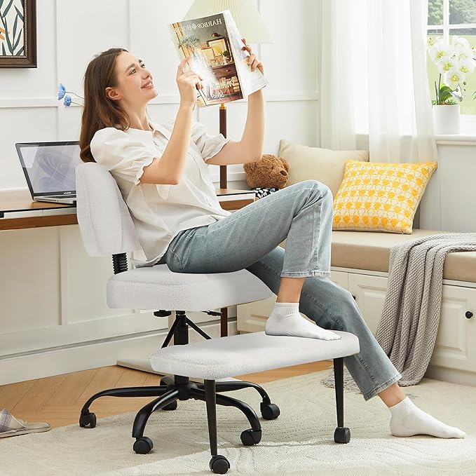 Criss Cross Legged Office Chair with Wheels,Swivel Meditation Chair for ADHD,Ergonomic Desk Chair with Thicken Adjustable Footstool,Fabric Sitting Fidgeting Kneeling Chair for Home Yoga Offwhite